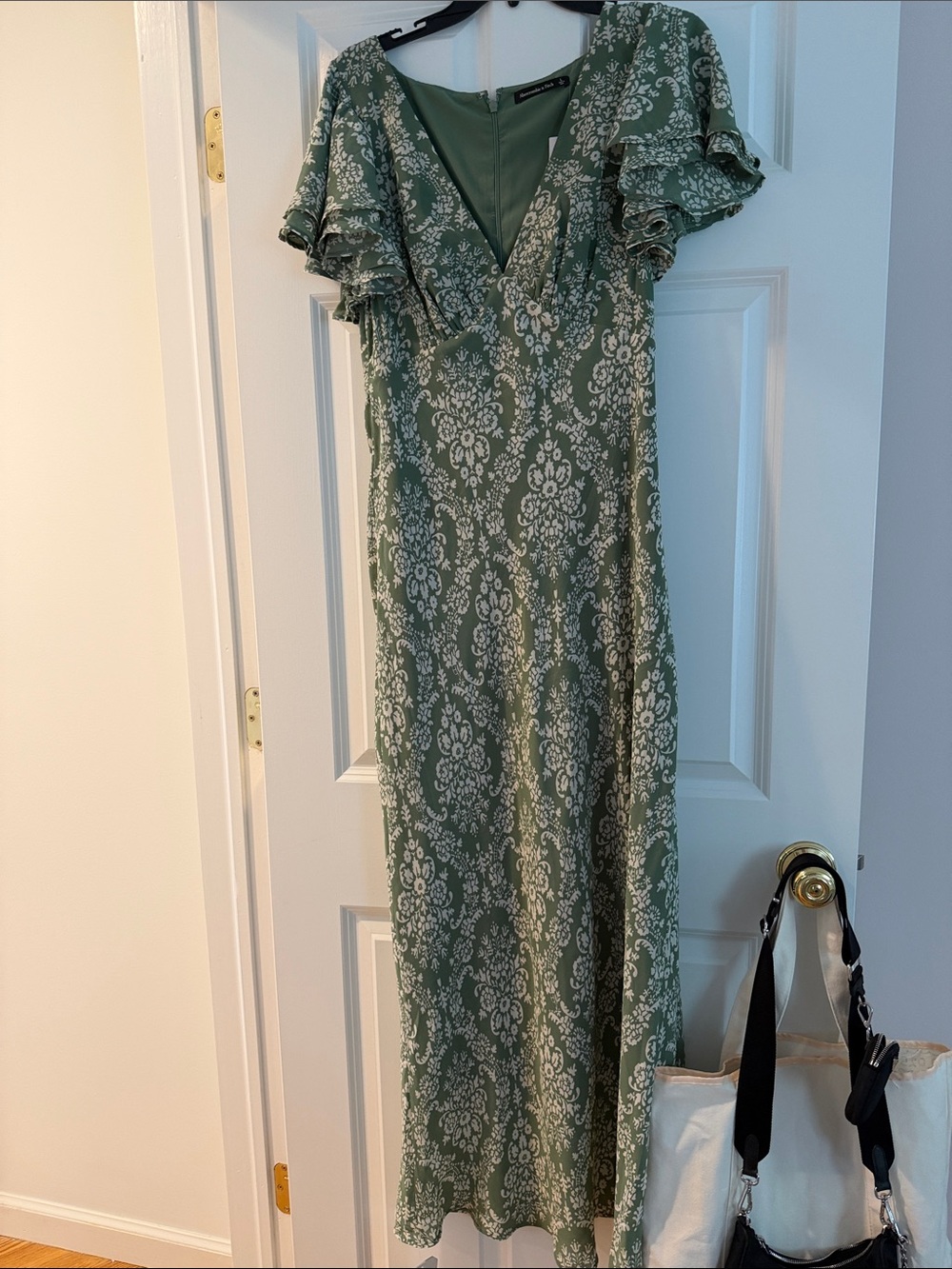 Abercrombie & Fitch Sage Green Floral V-Neck Ruffle Sleeve Maxi Dress